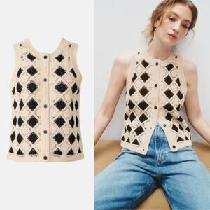 CeCe Crochet Vest Cotton Knit Button-Front Argyle Diamond Off-White & Black XL